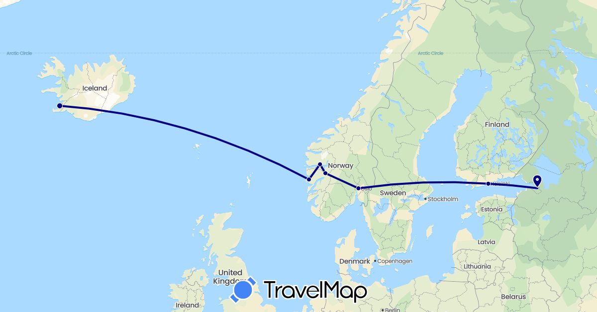 TravelMap itinerary: driving in Finland, Iceland, Norway, Russia (Europe)